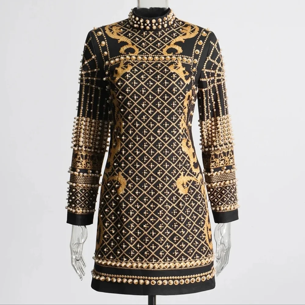 Dresses For Women Round Neck Long Sleeve High Wiast Spliced Pearls Slimm Dress - Picture 3 of 8